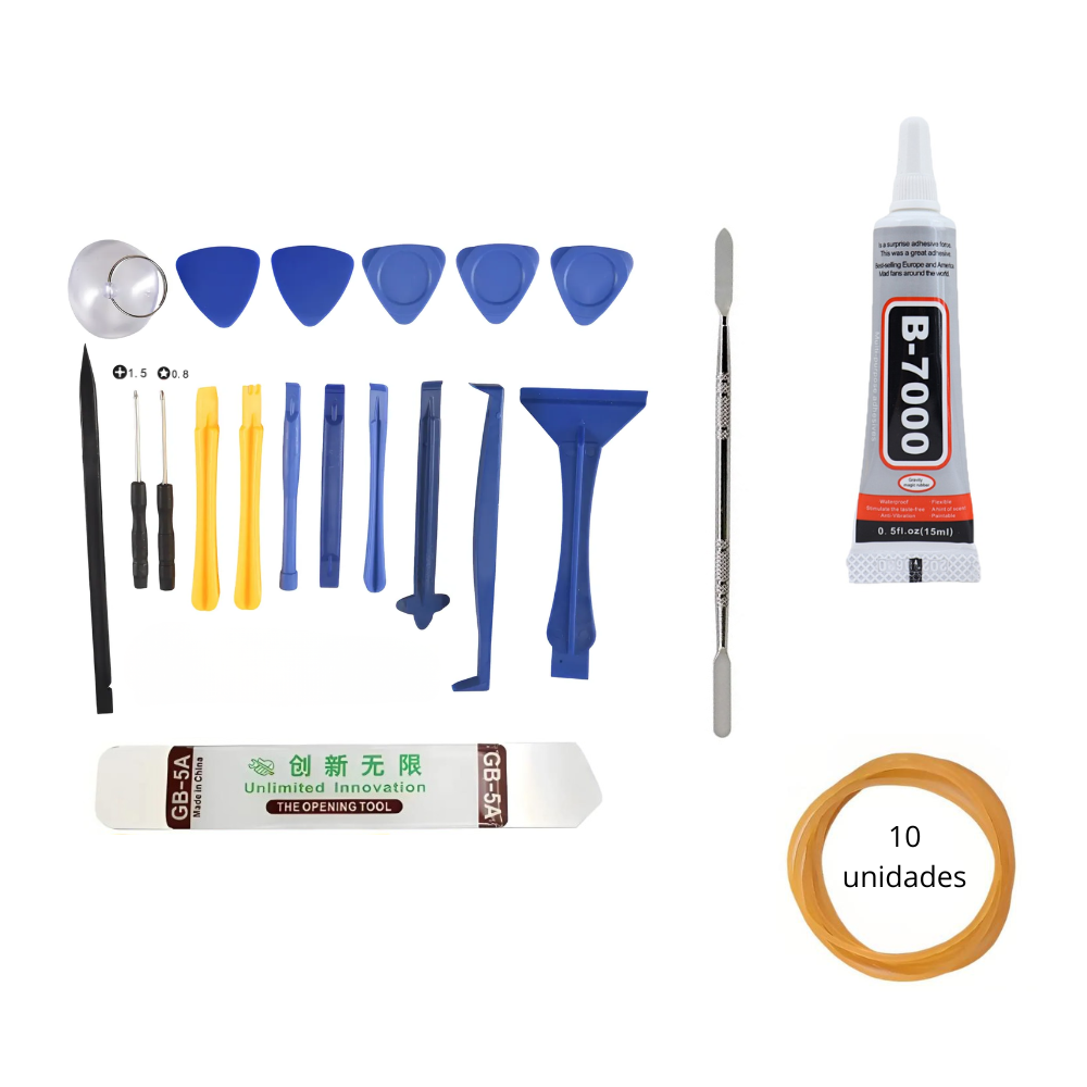 Mini Kit De Ferramentas | Pentalobe 0.8 | Philips 1.5 | Espátulas | Ventosas | Cola Transparente B7000 15ml | Liga Elastico Puro Látex 10uni