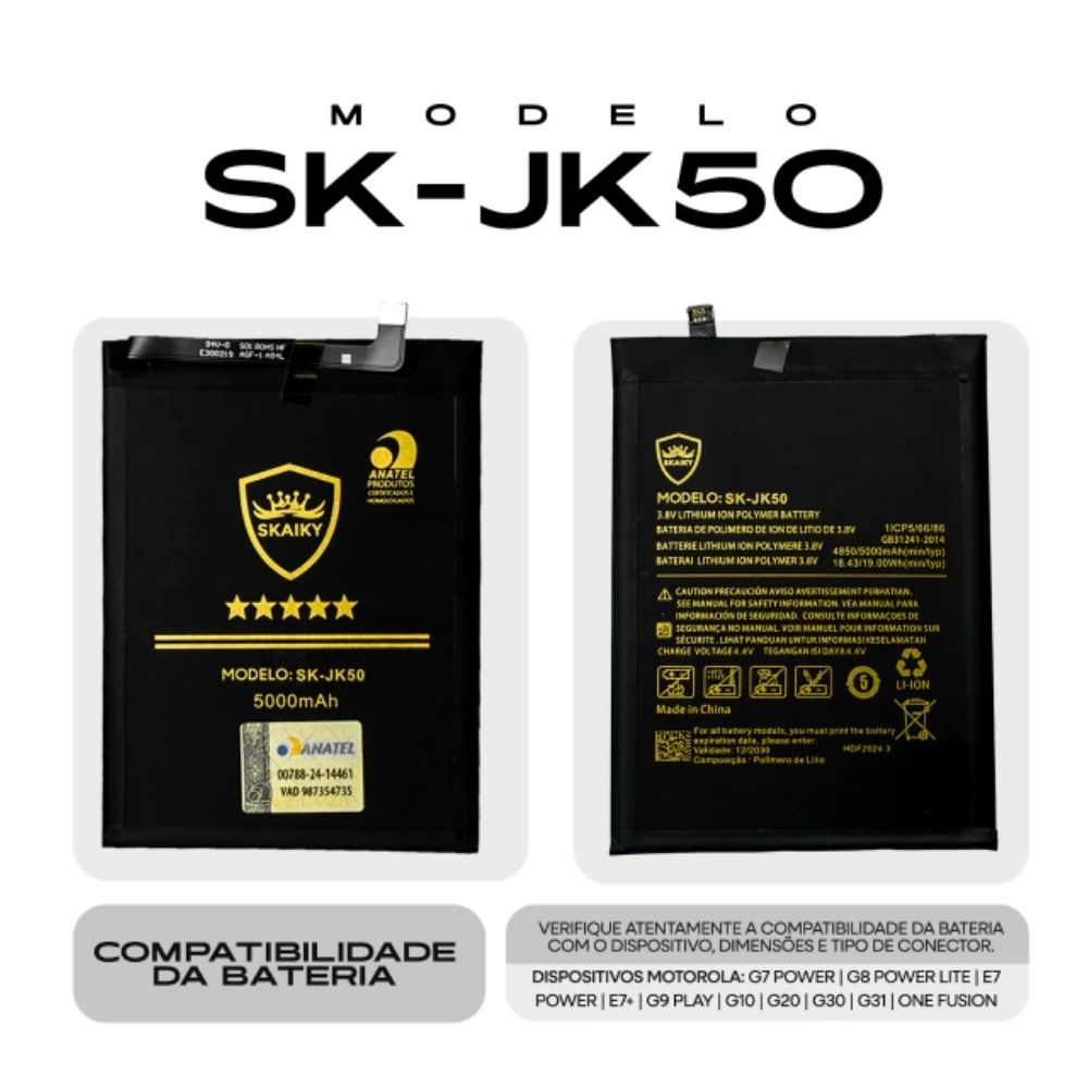 Bateria (Sk-Jk50) Moto E30 (Xt2158) | E40 (Xt2159) | E7 Power (Xt2097) | E7 Plus(Xt2081) | G10 (Xt2127) | G20 (Xt2128) | G30 (Xt2129) | G31 (Xt2173) | G7 Power (Xt1955) | G8 Power Lite (Xt2055) | G9 Play (Xt2083) | One Fusion (Xt2073) | Skaiky - Imagem 2