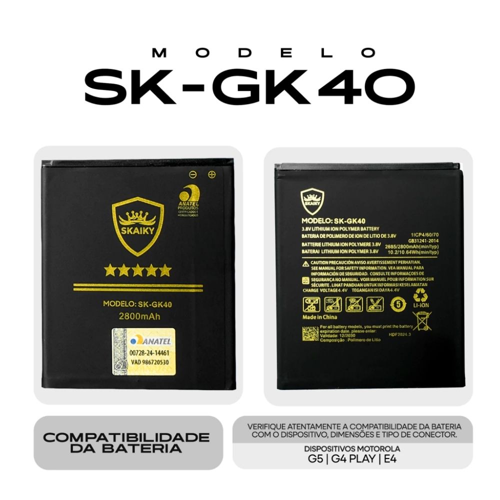 Bateria (Sk-Gk40) Moto G4 Play (Xt1600 Xt1603 Xt1609) | G5 (Xt1671 Xt1672 Xt1676) | E4 (Xt1762 Xt1763 Xt1767) | Skaiky - Imagem 2